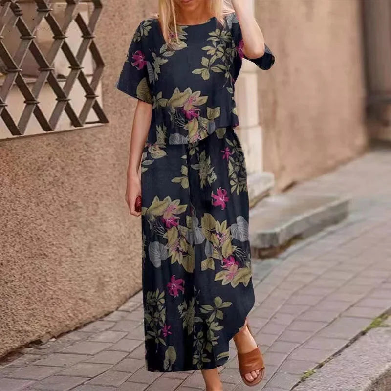 Autumn New Women's Fashion Printed Cotton Linen Plant Flower Three Sleeve Short Sleeved Casual Nine Piece Pants Two-piece Set