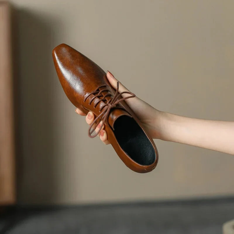NEW Spring/Autumn Women Pumps Square Toe Chunky Heel Shoes Concise Split Leather Shoes for Women Lace-up Handmade Women Shoes