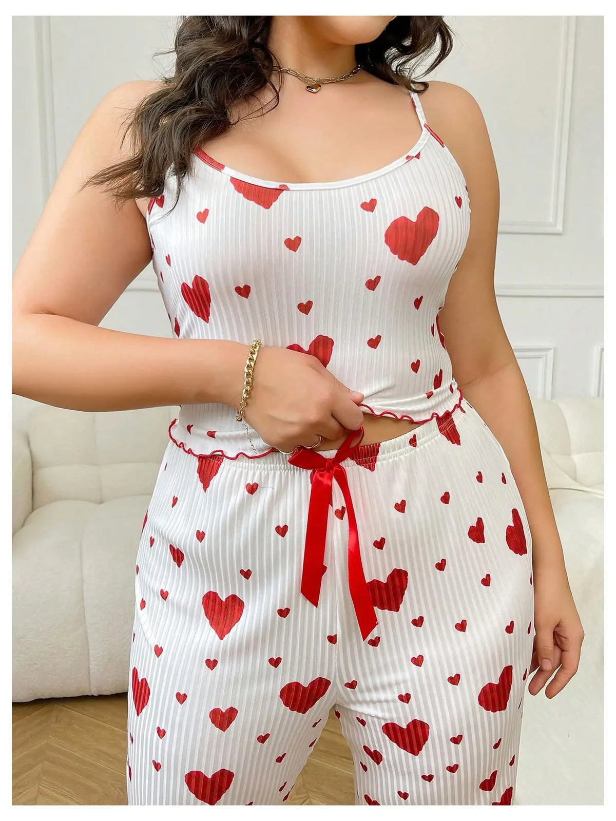 Plus Size Women Pajamas Set 2 Piece Sleeveless Vest and Trousers White Soft Breathable Sleepwear Casual Red Heart Print