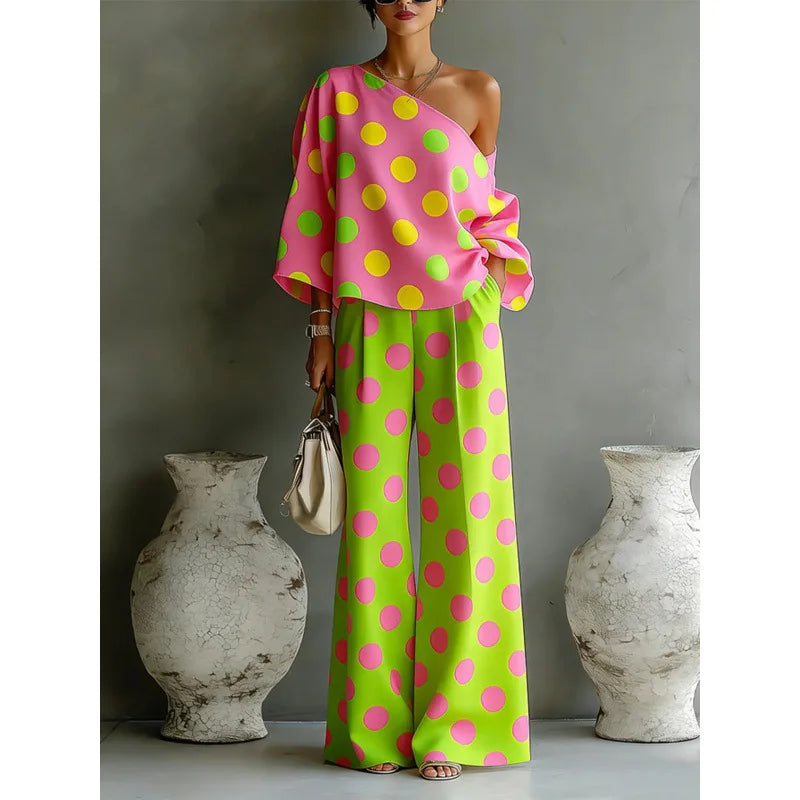Bohemian Fashion Polka Dot Print Two-piece Set Woman's Foreign Style Slant Collar Top+wide Leg Pants Suit Lady Loose Fit Outfit