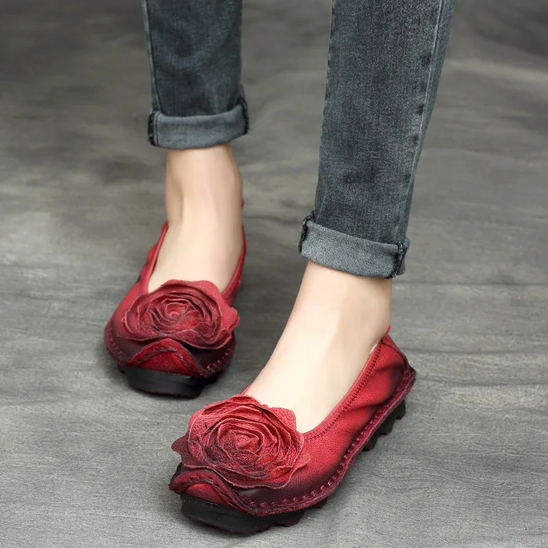 GKTINOO Retro Women Shoes Loafers Big Flower Soft Soles Casual Low Heel Luxury Shoes Flats Elegant Genuine Leather Ladies Shoes