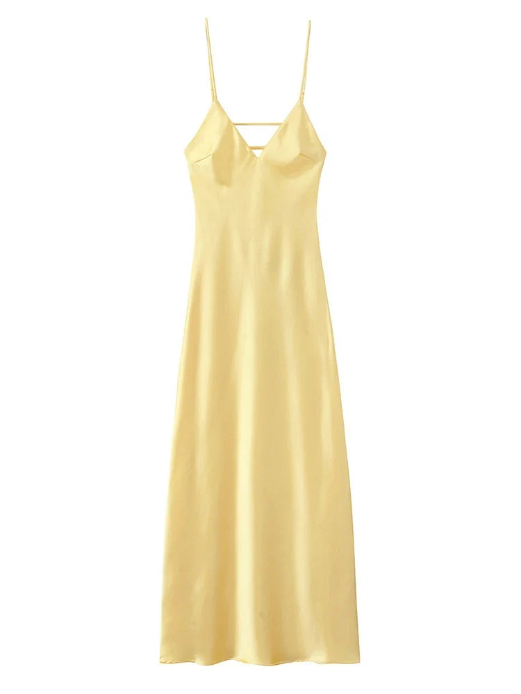 Solid Color Satin Bustier Women Maxi Dress Fashion Yellow Spaghetti Strap V Neck Waist-cinching Dresses 2026 New Party Vestidos