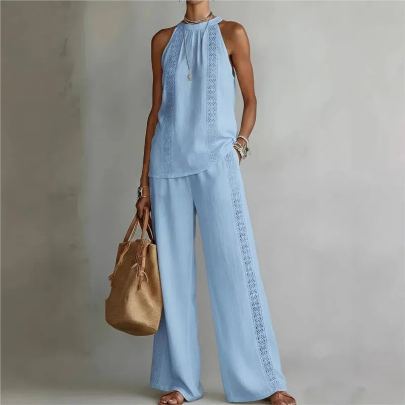 Sexy Halter Neck Sleeveless Tops Women's Suit Summer New Fashion Loose Retro Hollow Lace Pocket Wide Leg Pants 2-piece Set 2026