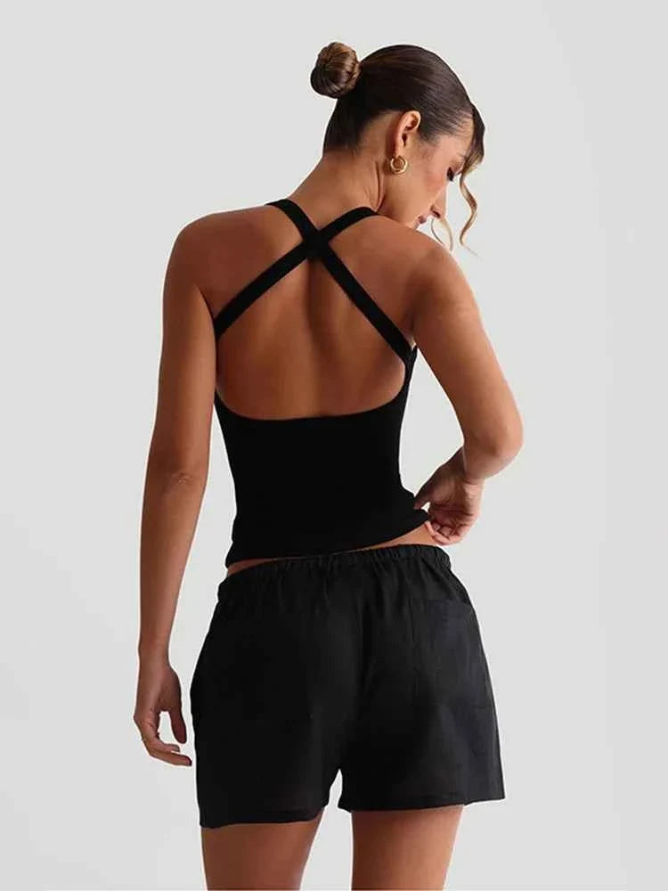 Ribbed Cross-Strap Backless Tank Top for Women