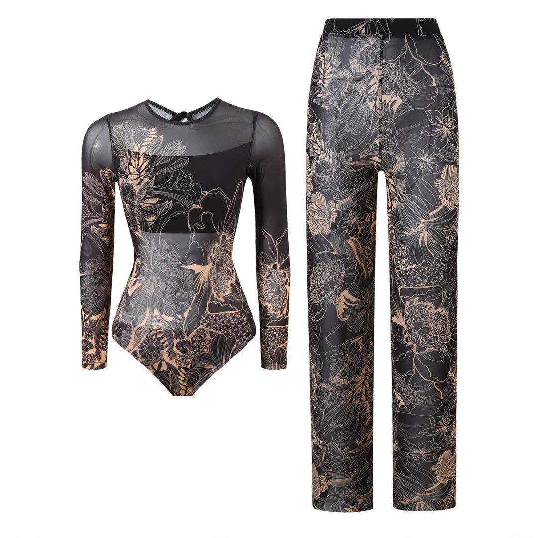 S - XXL New Printed Long Sleeve With Pants Women Swimwear One Piece Swimsuit Female Floral Padded Bather Bathing Suit Swim V7176