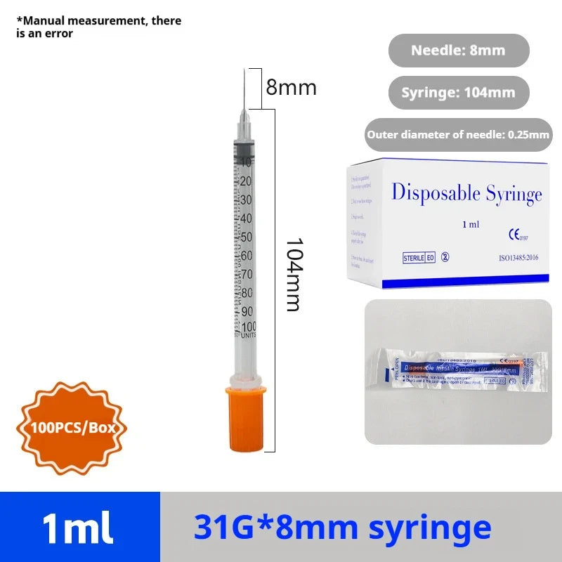 100pcs 1ml Sterile Insulin Syringe, Individually Wrapped Plastic