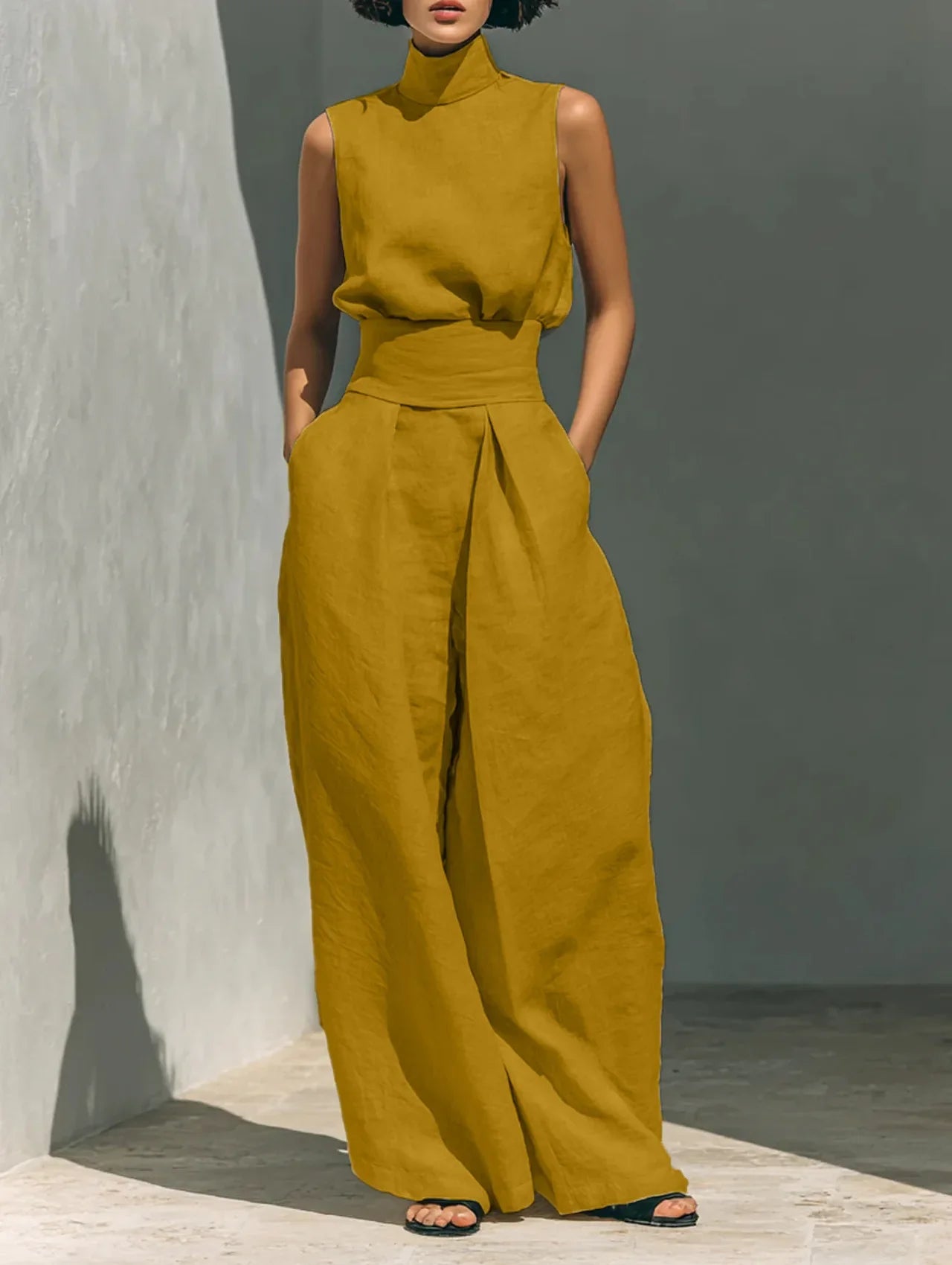 2026 Sleeveless Top+Wide Leg Pants Summer Casual Two-Piece Set Elegant And Loose Office Set High Street Pocket Women's Suits