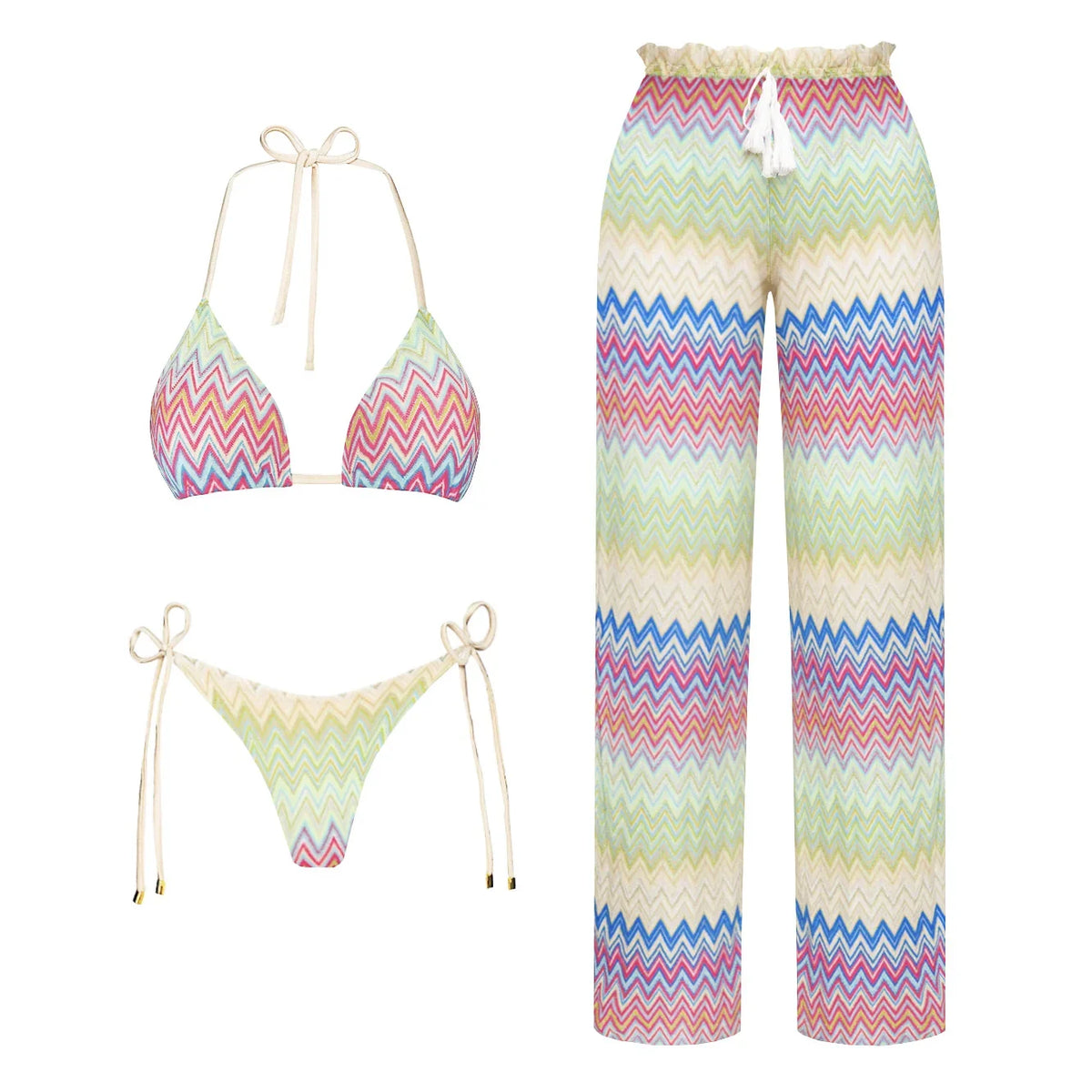3Pcs Striped Bikini 2026 Bandeau Biquini Women Sexy Swimsuit Push Up Swimwear Female Mesh Pants Bathing Suit Cover Up Beachwear