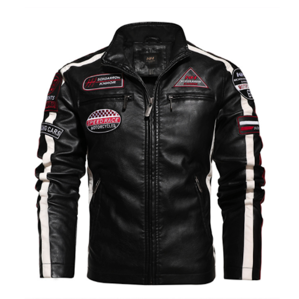 Chaqueta de cuero vegano para motociclista con insignias para hombre