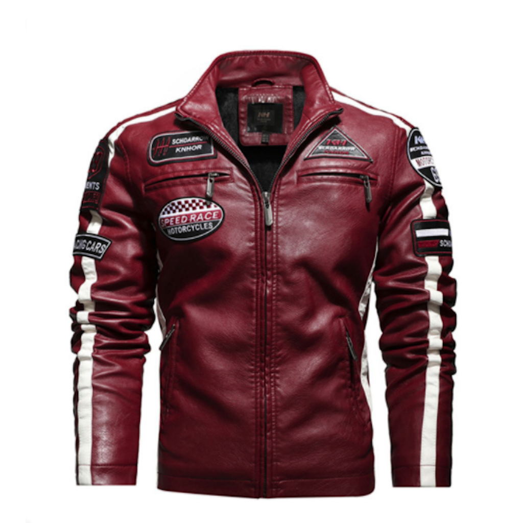 Chaqueta de cuero vegano para motociclista con insignias para hombre