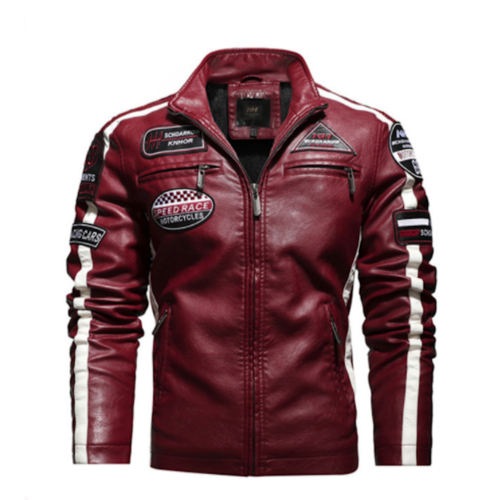 Chaqueta de cuero vegano para motociclista con insignias para hombre