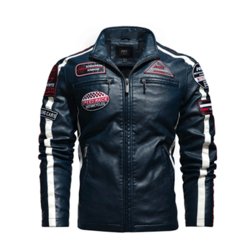 Chaqueta de cuero vegano para motociclista con insignias para hombre