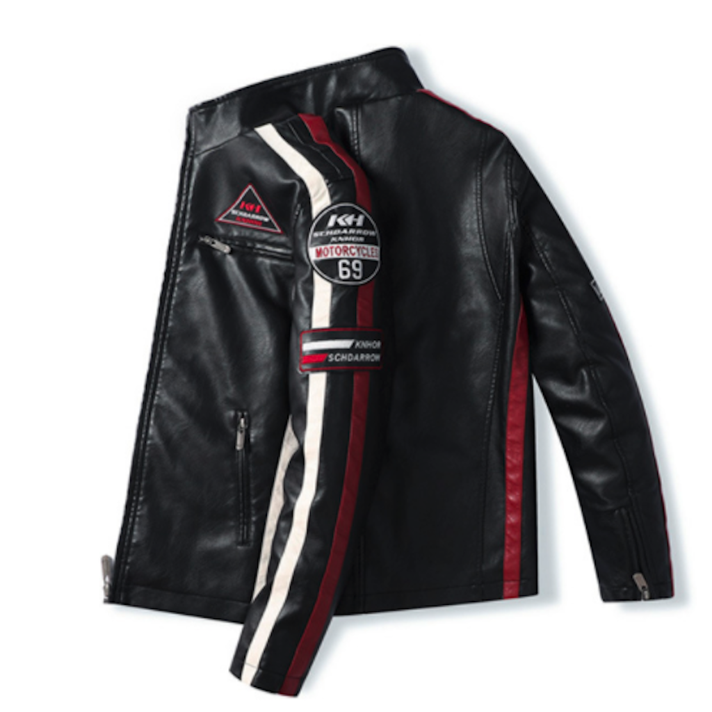 Chaqueta de cuero vegano para motociclista con insignias para hombre