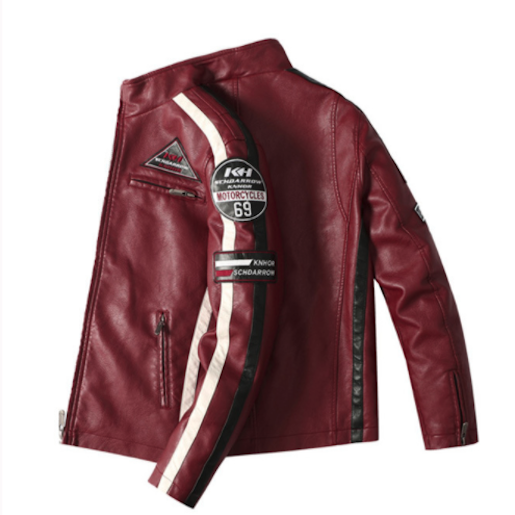 Chaqueta de cuero vegano para motociclista con insignias para hombre