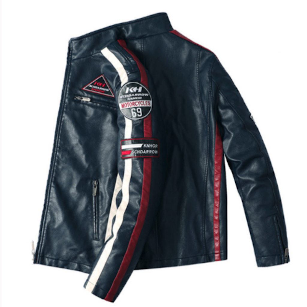 Chaqueta de cuero vegano para motociclista con insignias para hombre