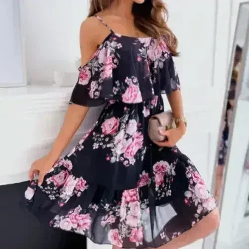 Cold Shoulder Chiffon Beach Dress - Flowy Ruffle Summer Dress