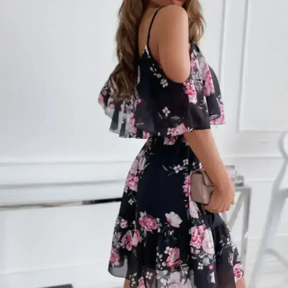 Cold Shoulder Chiffon Beach Dress - Flowy Ruffle Summer Dress