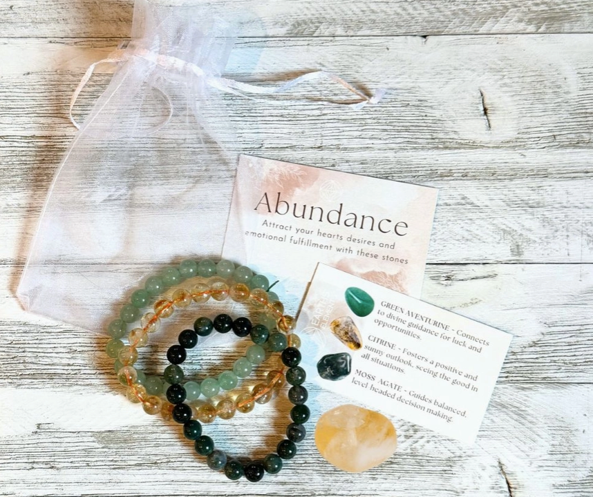 Juego de pulseras de intención – Abundancia (Citrino, Aventurina Verde y Ágata Musgosa)
