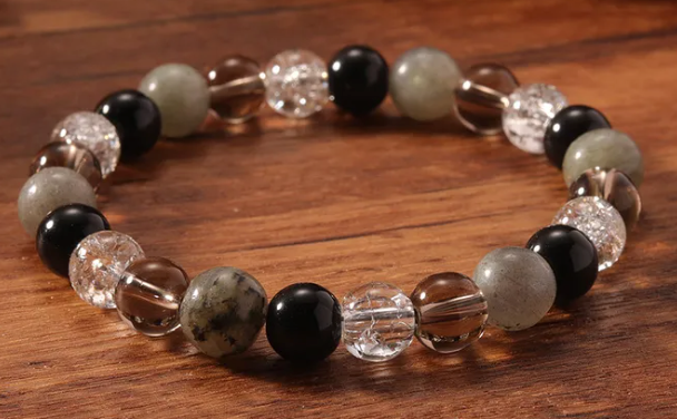 Pulsera para aliviar el estrés y enraizar – Labradorita, Cuarzo ahumado, Obsidiana negra y Cuarzo transparente (Muñecas pequeñas-medianas)