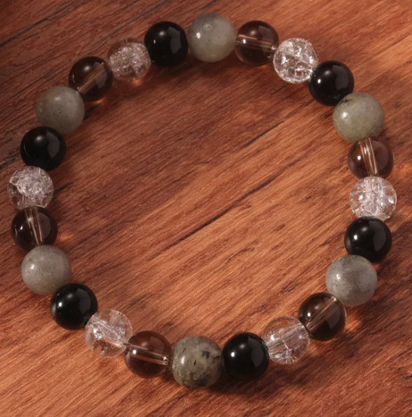 Pulsera para aliviar el estrés y enraizar – Labradorita, Cuarzo ahumado, Obsidiana negra y Cuarzo transparente (Muñecas pequeñas-medianas)