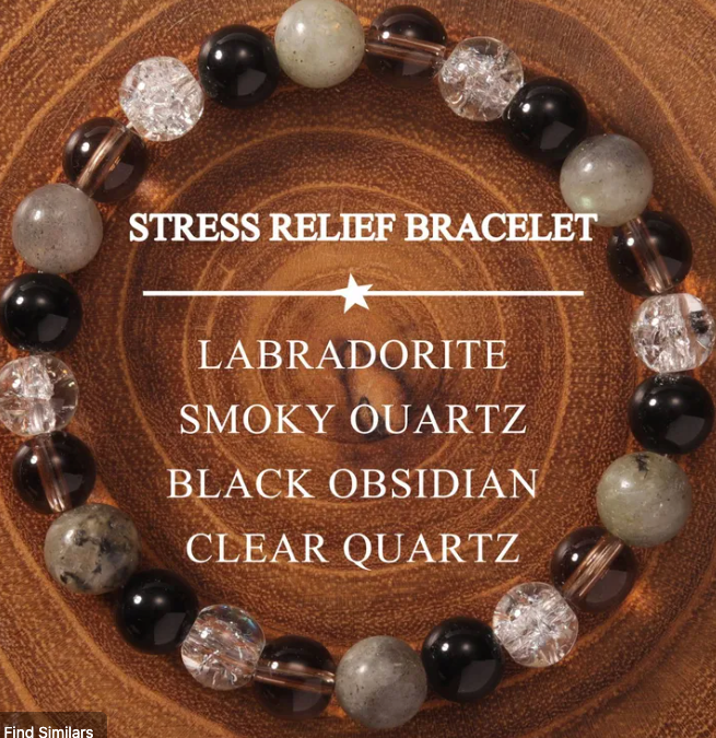 Pulsera para aliviar el estrés y enraizar – Labradorita, Cuarzo ahumado, Obsidiana negra y Cuarzo transparente (Muñecas pequeñas-medianas)
