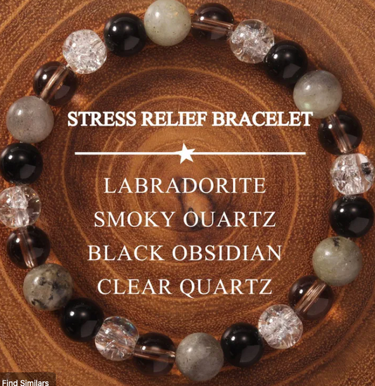 Stress Relief & Grounding Bracelet – Labradorite, Smoky Quartz, Black Obsidian & Clear Quartz (Small–Medium Wrists)