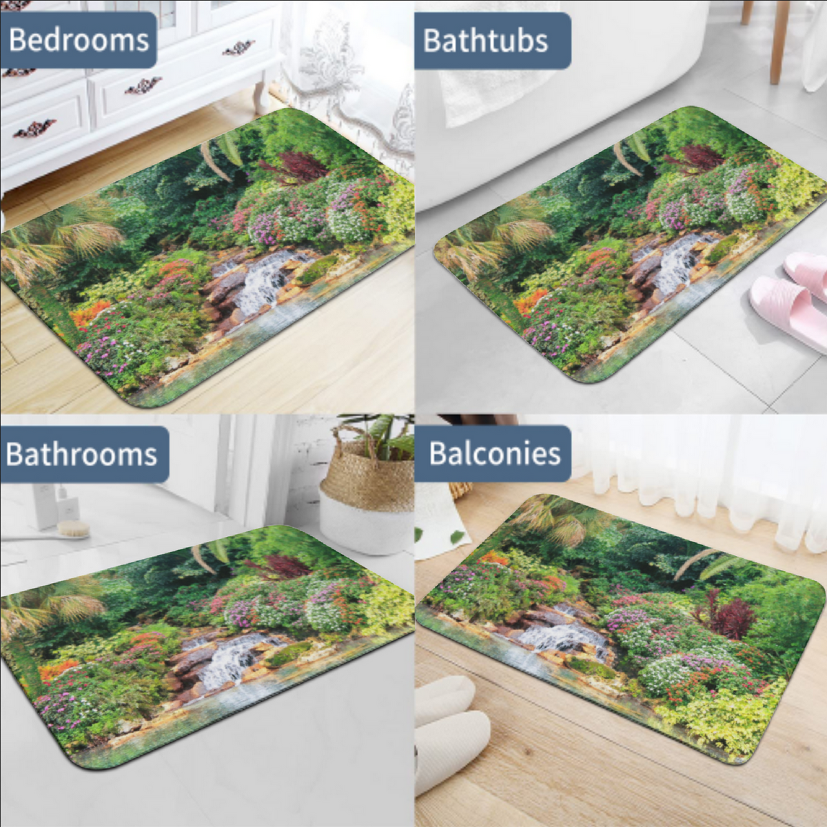 Serene Tropical Garden and Waterfall Design Diatomaceous Earth Bath Mat | Ships from USA