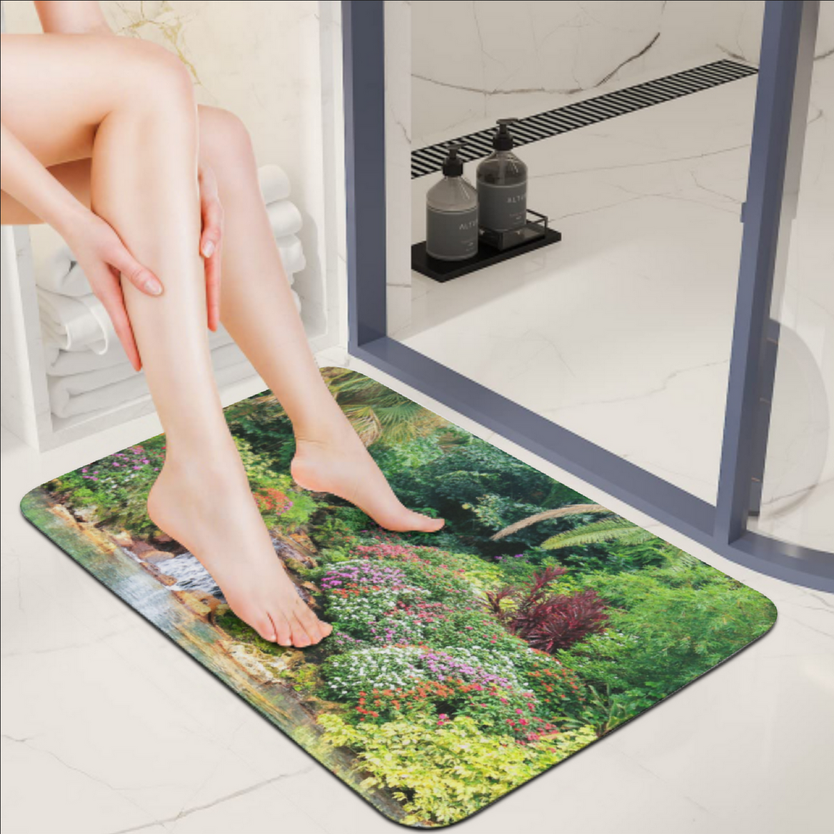 Serene Tropical Garden and Waterfall Design Diatomaceous Earth Bath Mat | Ships from USA