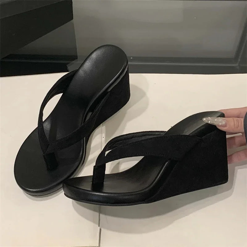 Eilyken Summer Leopard Print Clip Toe Platform Wedges Women Slippers Fashion Thick Bottom High Heels Flip Flops Shoes