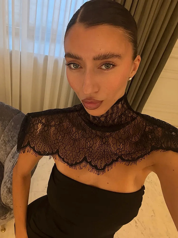 Ahagaga Sexy Women's Mini Dresses Solid Patchwork Lace Slash Sleeveless Sheath Bodycon Sheer Regular Casual Streetwear Vestidos