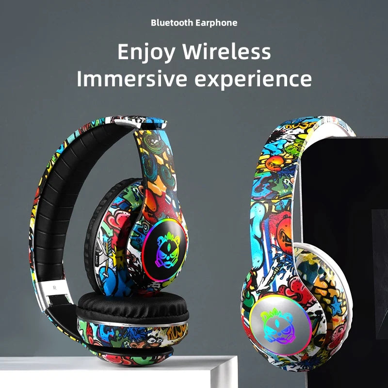 Graffiti Bluetooth Headphones LED Light Game Doodle Wireless Headsets Earphones With Mic For Kids Boy Girl Gift Support TF Card