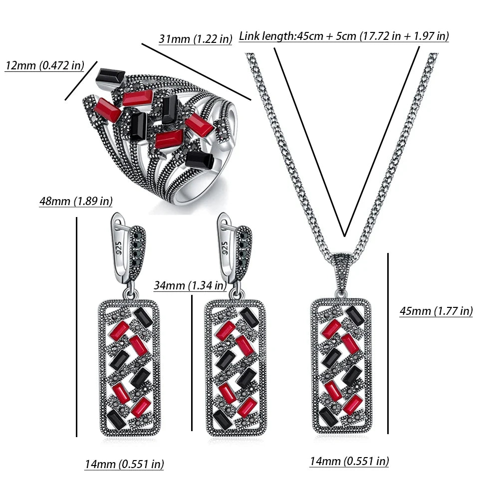 Ajojewel Black/Red Green Bohemian Jewelry Set For Women Colorful Zircon Crystal Geometric Ring Earrings Necklace & Pendant
