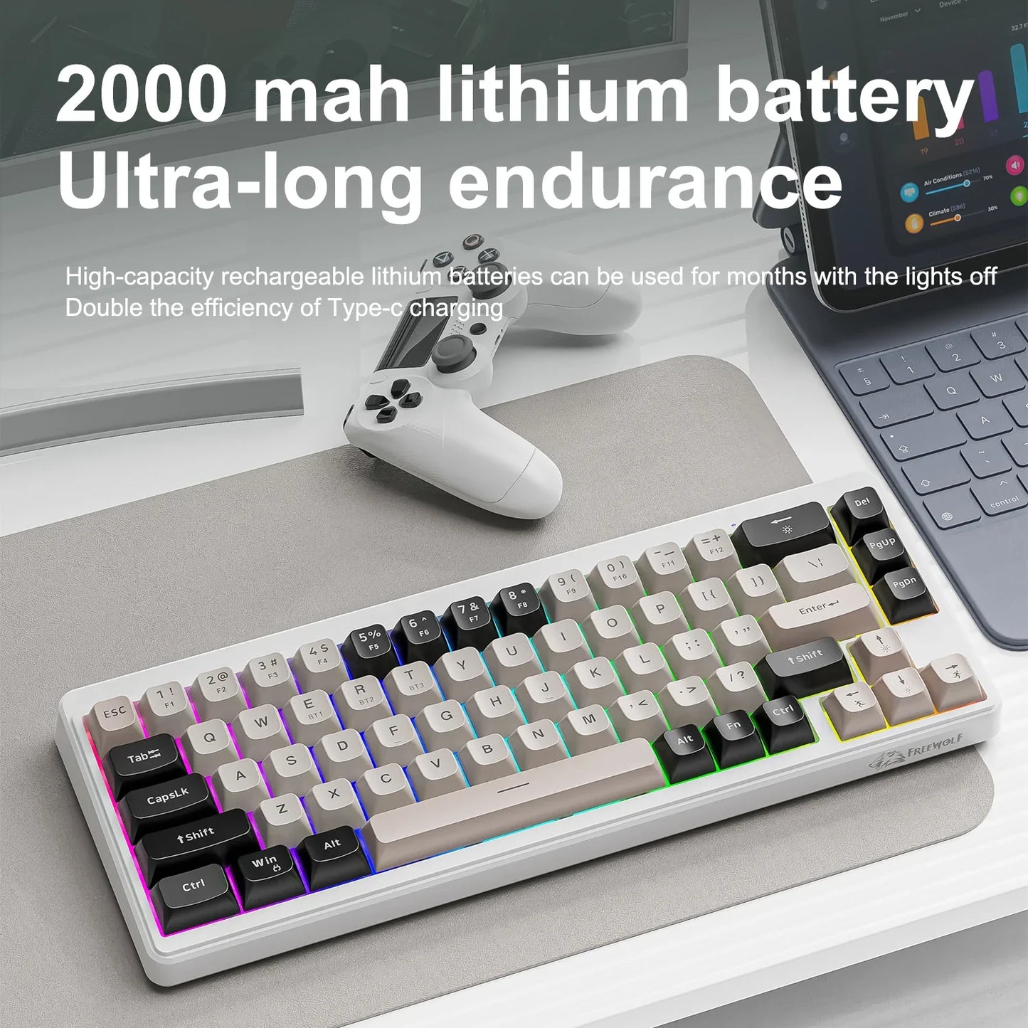 FREEWOLF M68 68 Keys Wireless Keyboard Mouse Combo, PBT RGB Tri-Mode Bluetooth/2.4G/Wired Keyboard, Silent Keyboard Mouse Set