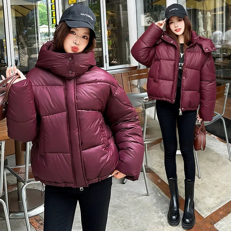 2026 Winter Women Thicke Cotton Coat Loose Hooded Puffer Jacket New Cropped Down Cotton Padded Coat  Female Parkas Outwear