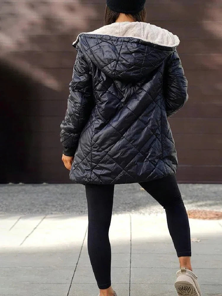 Women Fleece Lined Hooded Quilted Coat Diamond Grid Puffer Jacket Warm Sherpa Lining Zip Up Mid Length Winter Outerwear Parka