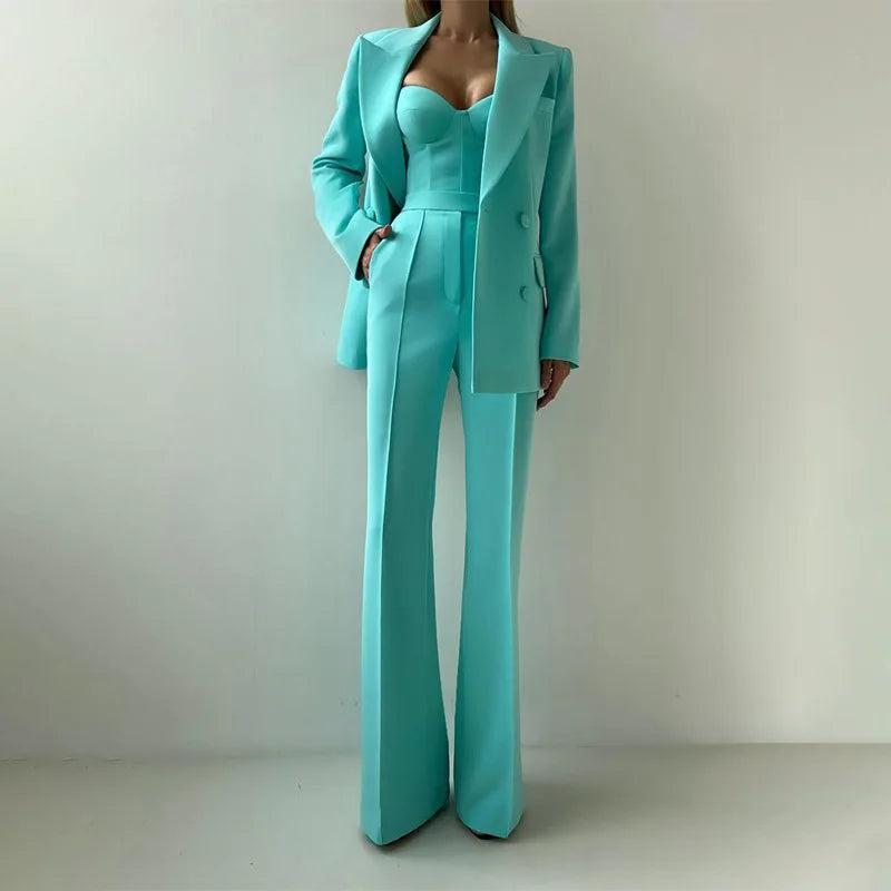 Solid Suit Jacket Corset Pants 3 Piece Set Women Corset Lapel Coat Straight Pants Lady Set 2026 Summer Autumn Commute Outfit New