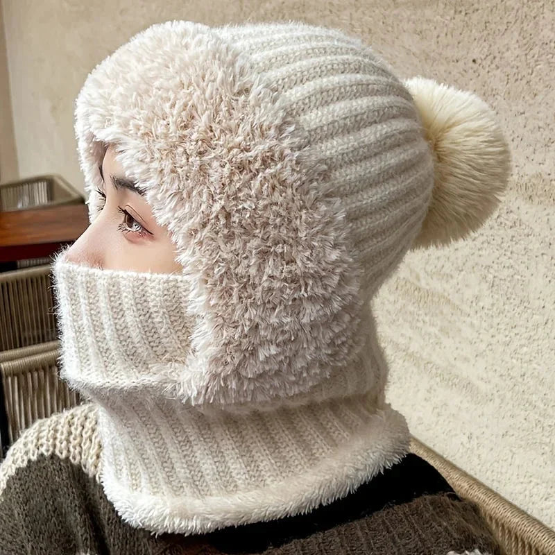 Gorro de punto forrado para invierno con orejera y cuello tipo pasamontañas