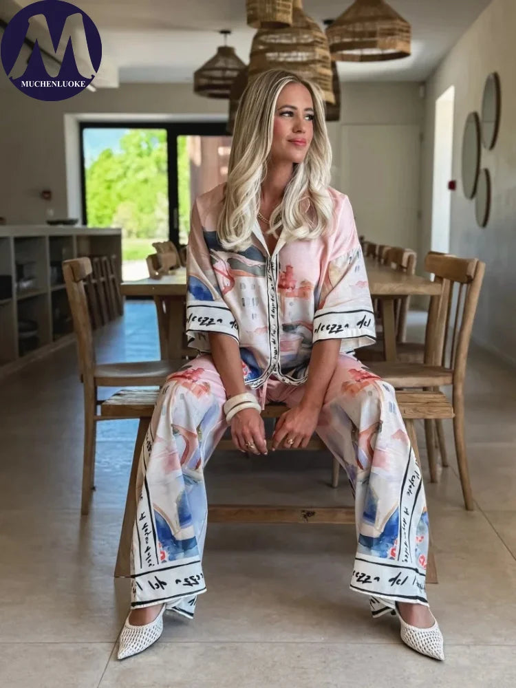 Women's Summer 2-Piece Set Elegant Printed Top & Casual Loose Wide Leg Pants Ensemble with Half Sleeve Fashionable