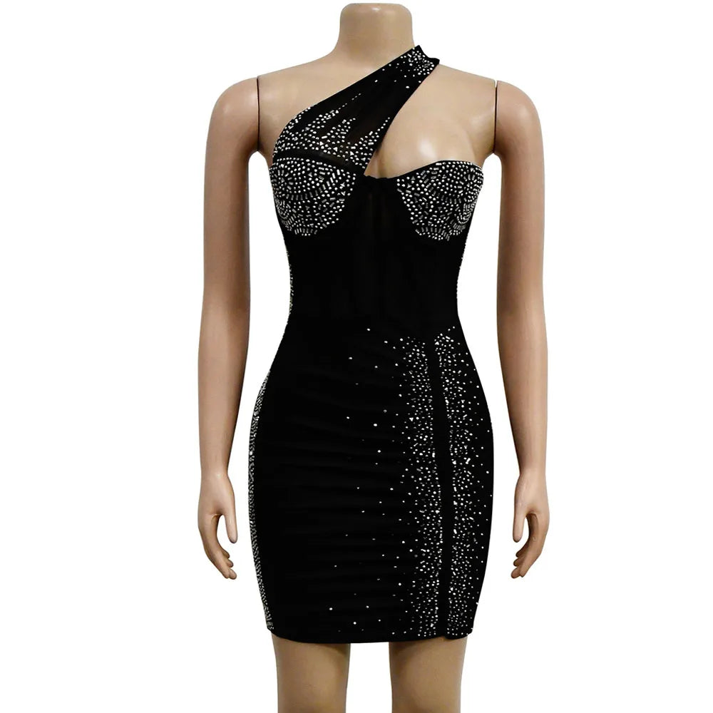 Vestido de noche sexy ajustado con hombros inclinados, malla, diamantes de imitación, corto, para fiesta de graduación, transparente, para club nocturno