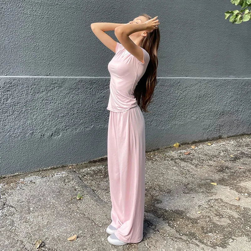 Casual Long Pants Suits Women O-neck Short Sleeve T-shirt Elastic Waist Trousers Set Spring Summer Solid Lady Household Clothes