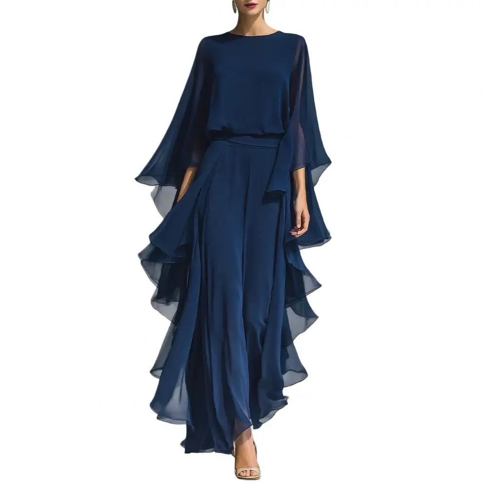 Women Top Pants Two-Piece Set Summer Loose Fit Casual Ruffle Bell Sleeve Shirt Solid Color Wide Legs Pants Trousers