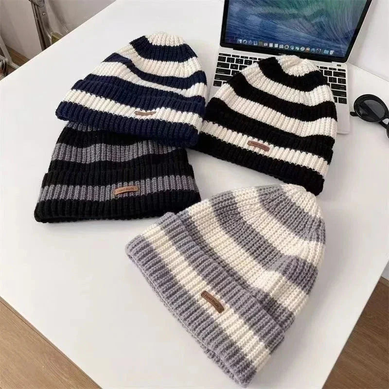 Gorro de punto apilable unisex – Gorro tipo bonete hip-hop a rayas cálido de invierno