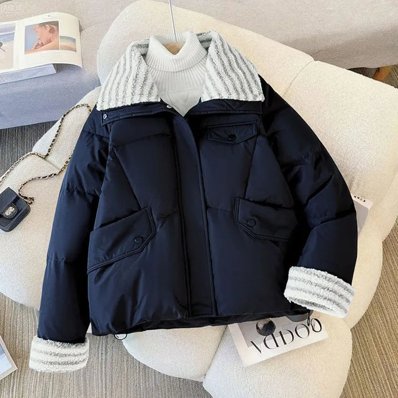 Women Lapel Collar Parkas Jacket Autumn Winter Femme Short Cotton Padded Coat Lady Fashion Long Sleeves Puffer Outwear