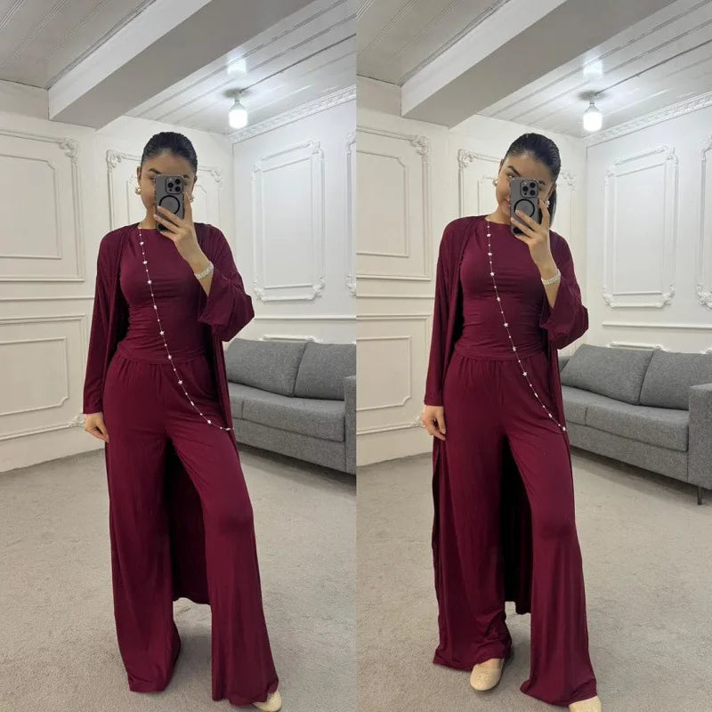 Pant Set Women Three Piece Sets Round Neck Short Sleeve Shirt Straight Pants Lace Up Long Robe Y2k Streetwear Work Casual 2026