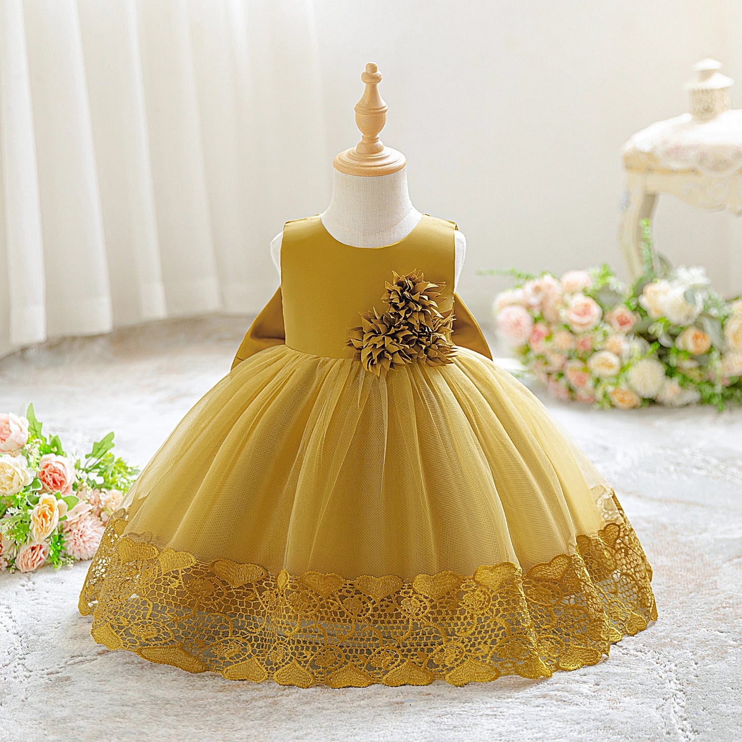 Toddler Flower Baby Wedding Princess Girls Dress Elegant Tulle Bridesmaids 1st Birthday Party Dresses Baby Bow Baptism Costumes