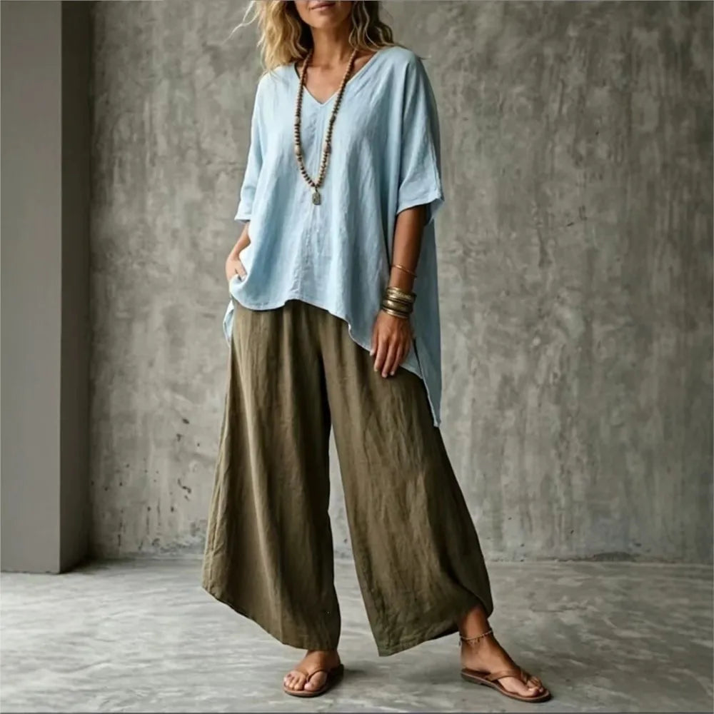 Summer New Loose Retro Short-sleeved T-shirt Trousers 2-piece Set Women's Fashion Irregular Top + Wide-leg Trousers Set Female