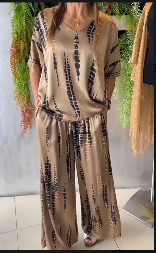 Summer Fashion T-shirt Pants Set Women Geometric Print Short Sleeved Tops Loose Wide Leg Pants Elegant Lady Set Clothing 2025