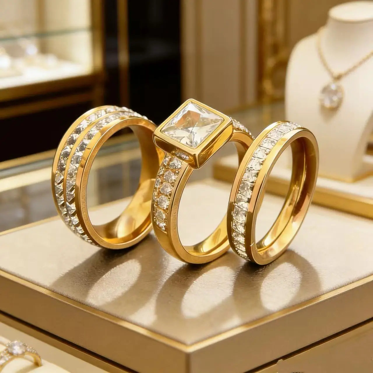 3PCS Set Gold Plated Zirconia (cz) Wedding Engagement Band Stainless