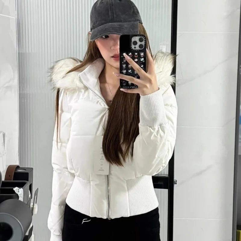 Autumn Winter Fur Collar Hooded Cropped Puffer Jacket Women's Warm Cotton Padded Jacket Short Top Windproof Coat Y2K High Waist