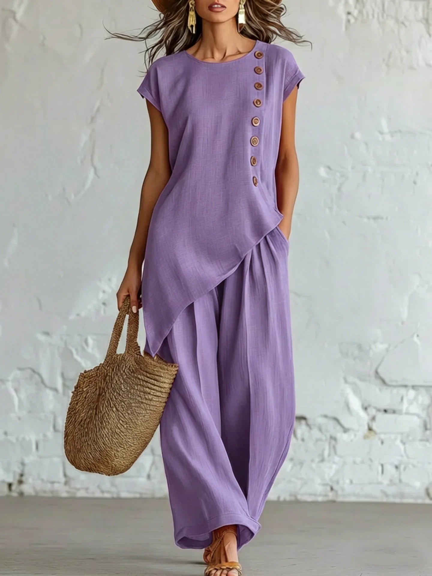 2026 Women 2 Piece Set Elastic Waist Pocket Button Decorate Wide Leg Pants+Solid Blouse Suit Casual Top Trousers Lady Outfits